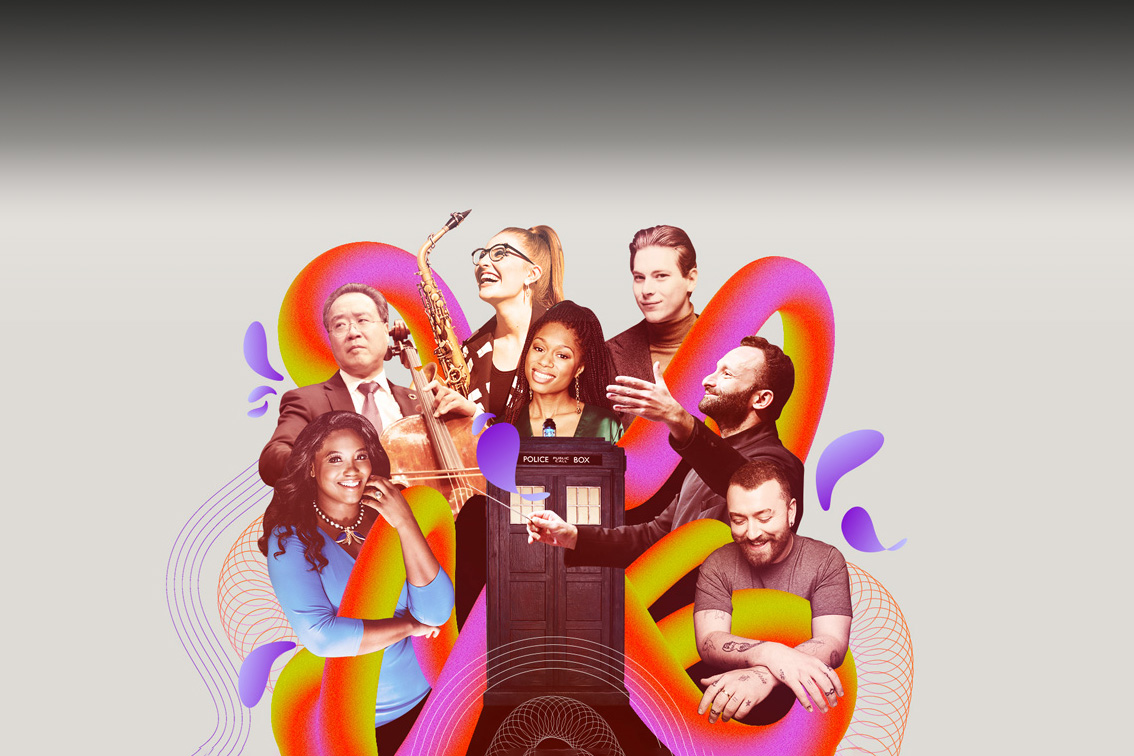 A collage of musicians and conductors with bright colours, surrounding the TARDIS.